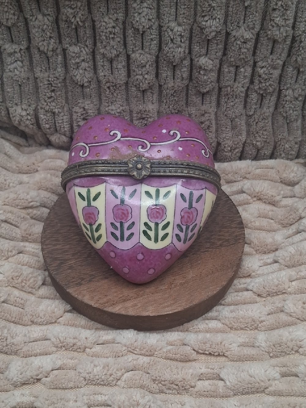 Vintage Hand Painted Pink Heart Trinket Box with Floral Motif